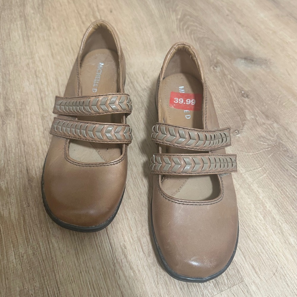 Michelle D | Women's Tan Brown Leather Double Strap Mary Jane Flats, Size 6.5M
